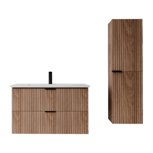 Pack Meuble salle de bain 80cm et Colonne de rangement - Façades Ondulées Décor Bois - MILO