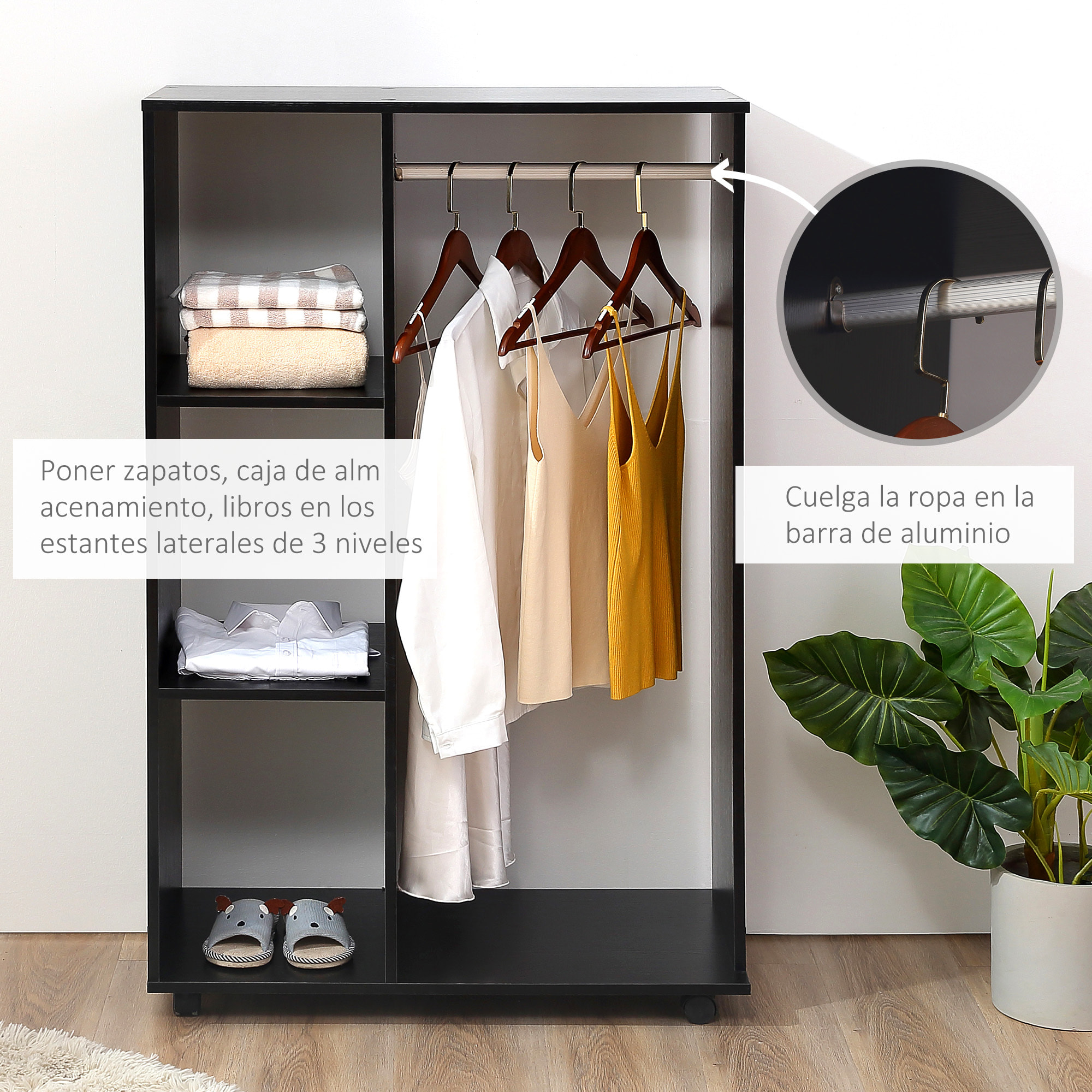 Armario Ropero con Ruedas Armario para Ropa con Barra Estantes Abiertos Organizador para Colgar Ropa de Dormitorio 80x40x128 cm Negro