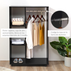 Armario Ropero con Ruedas Armario para Ropa con Barra Estantes Abiertos Organizador para Colgar Ropa de Dormitorio 80x40x128 cm Negro