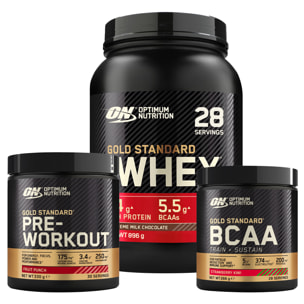 Gold Standard Pre-Workout Mix di Frutta 330g 30 Porzioni + BCAA Aminoacidi Fragola Kiwi 266g 28 Porzioni + 100% Whey Proteine Cioccolato al Latte 896g 28 Porzioni