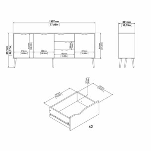 Credenza a tre a ante e tre cassetti, colore bianco e rovere, Misure 195 x 81 x 39 cm