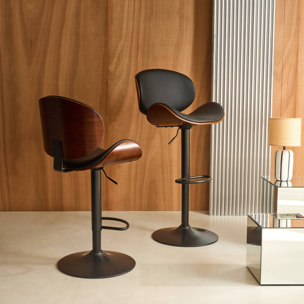 Lot de 2 tabourets de bar réglable décor bois courbé et simili cuir noyer et noir - L 53  P 51 x H 95-116cm - Dwight
