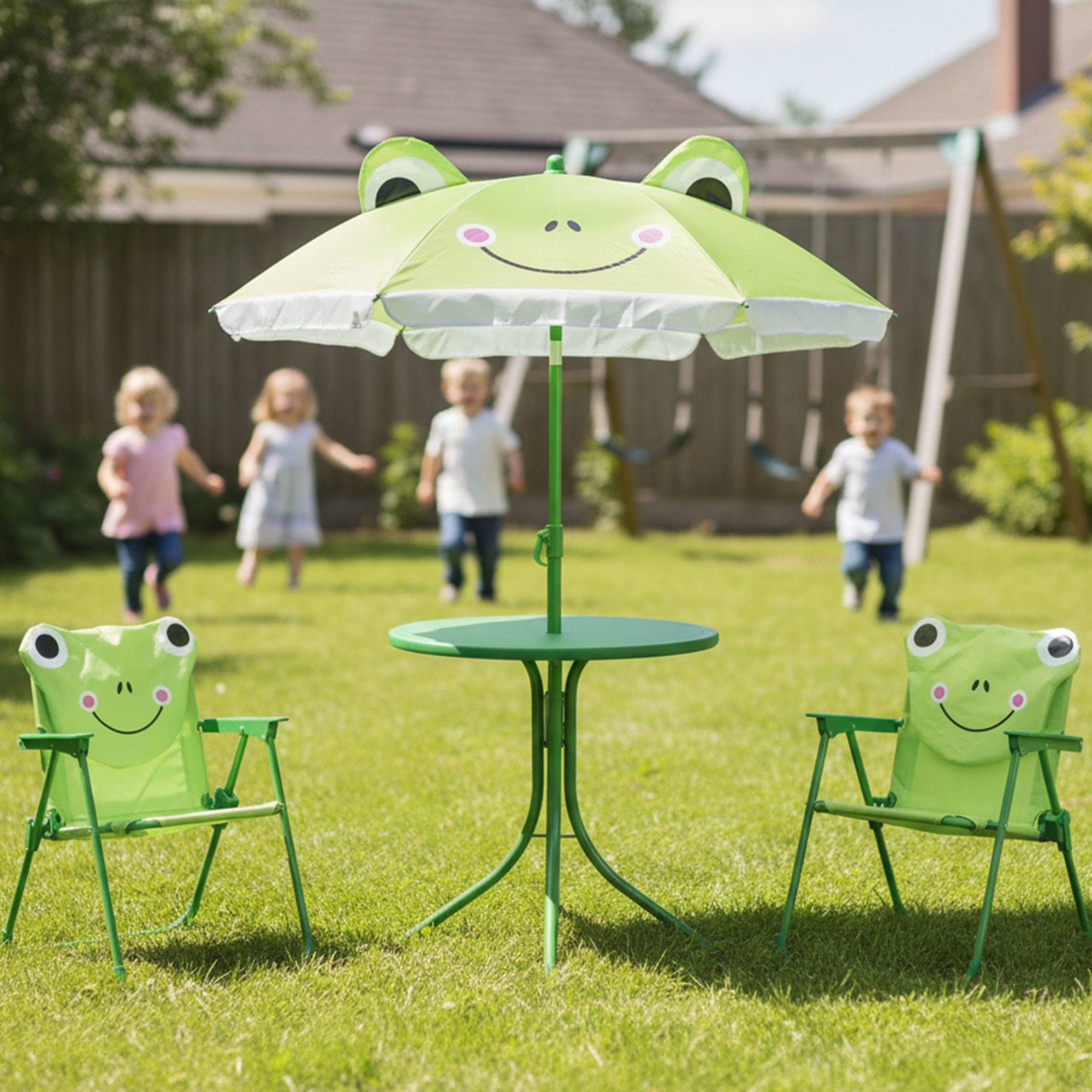 Well Home Conjunto jardín niños 4 piezas (mesa + 2 sillas + paraguas) diseño Rana, plegable y ligero