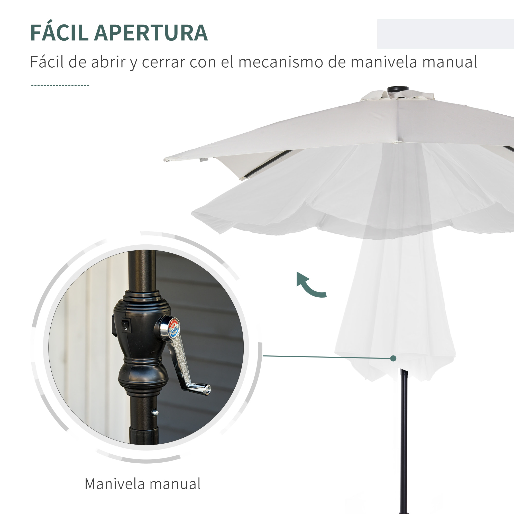 Sombrilla Terraza Exterior 268x205x248 cm Sombrilla de Jardín con Techo Inclinable hasta 45° Luces LED Solares Poste de Acero y Manivela Parasol para Patio Terraza Blanco