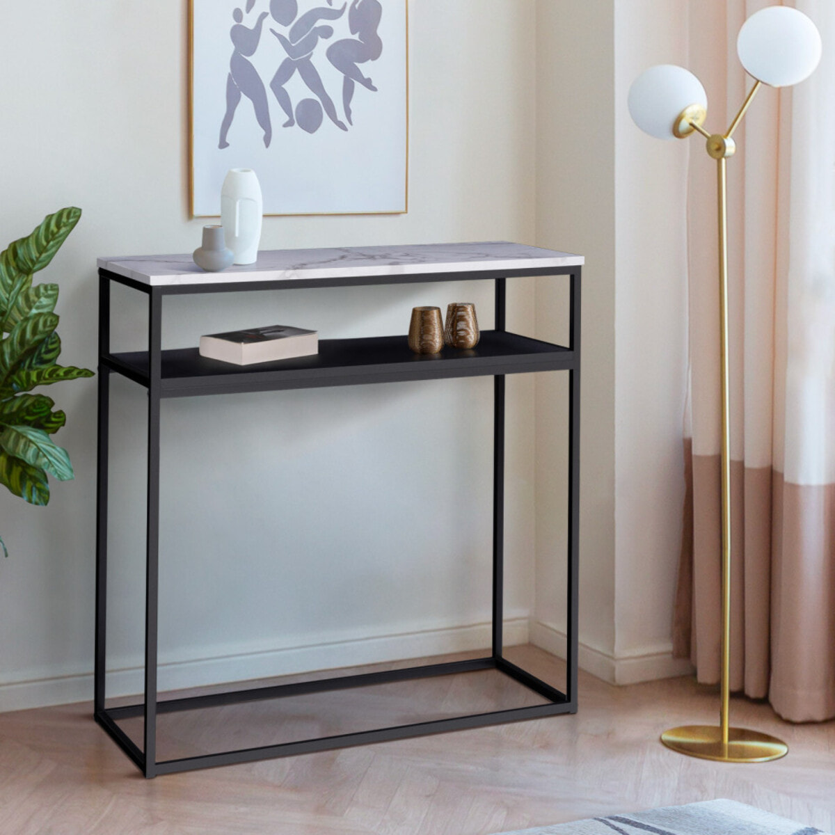 Console d'entrée Glam effet marbre et pieds noirs