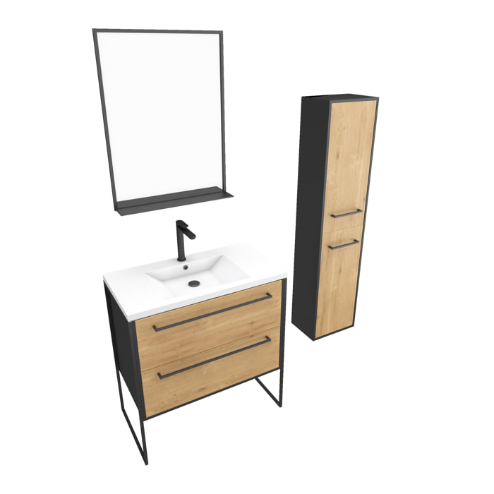 Meuble Salle de Bains 80 cm, Vasque Blanche, Miroir et Colonne - Chêne et Noir - STRUCTURA