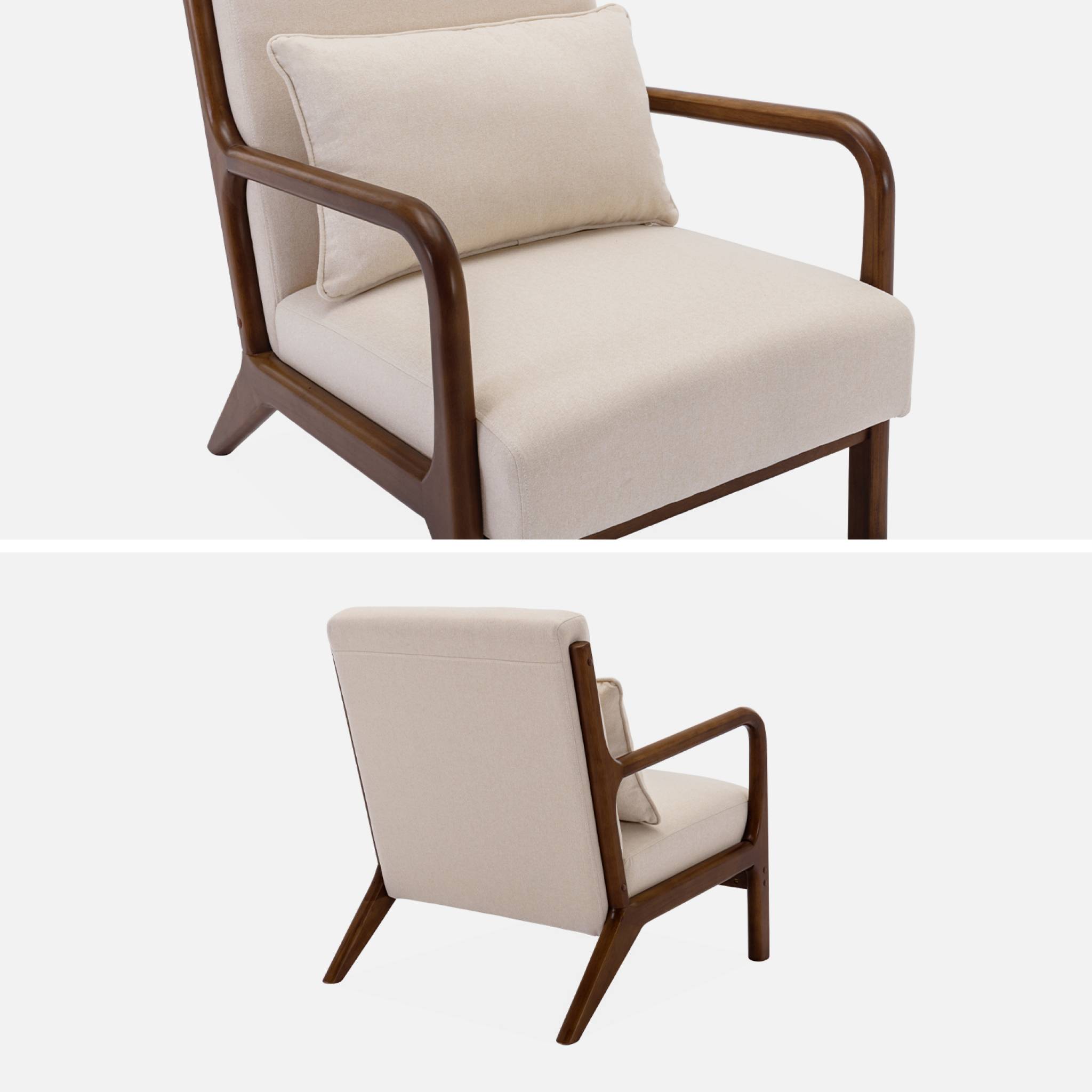 Fauteuil tissu beige . pieds bois d'hévéa teinté noyer. 1 place droit fixe. pieds compas scandinave. structure en bois solide