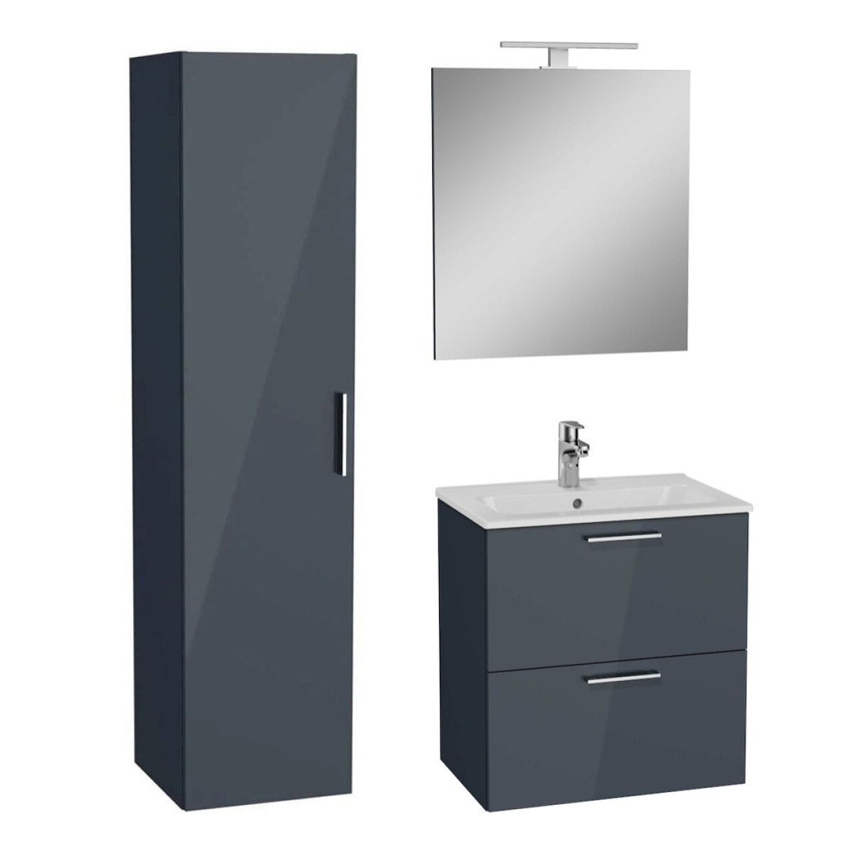 Set Mia ensemble meuble 59x61x39,5cm avec miroir, lavabo, éclairage LED + armoire 145x35x35cm, Anthracite brillant