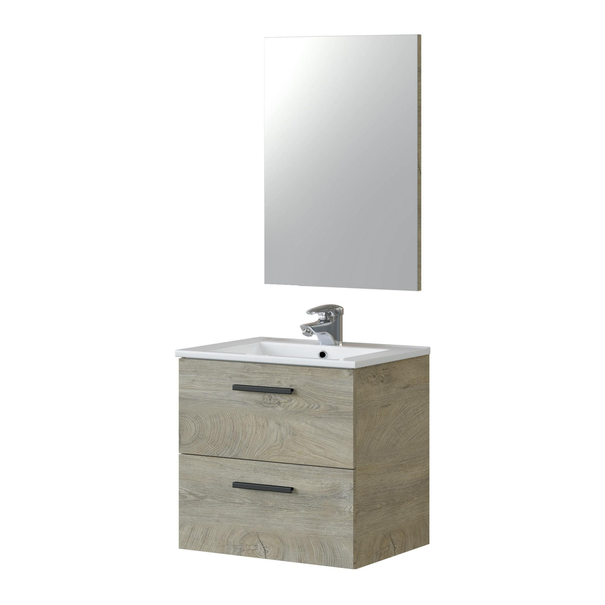 Mobile sottolavabo Fontana, Mobiletto per bagno a 2 cassetti, Armadietto sospeso con specchio, lavabo non incluso, cm 60x45h57, Rovere