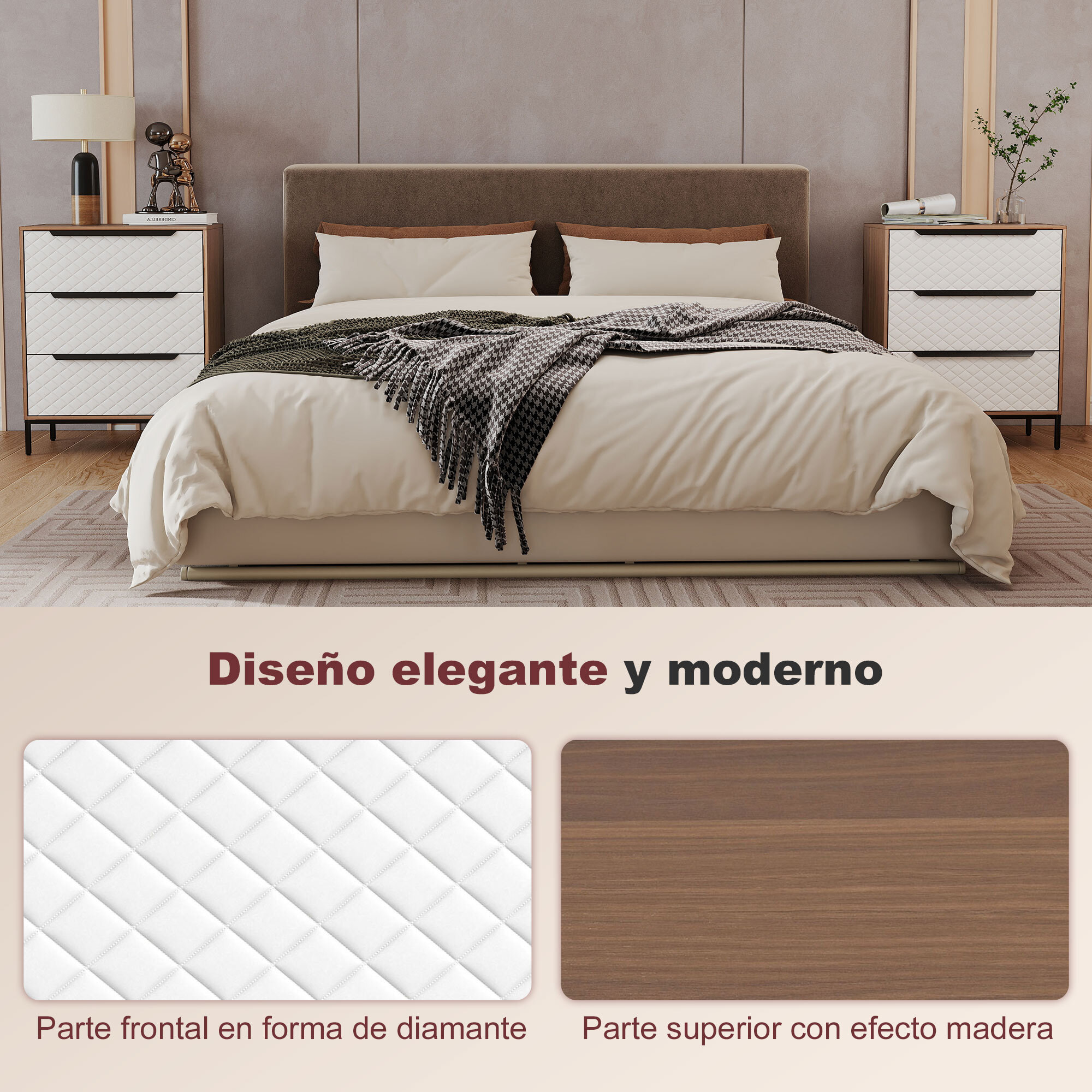 Cómoda con 3 Cajones de Tela, Cómoda para Dormitorio, Frentes con Patrón de Diamante, Cajonera para Salón, Oficina, Vestidor, Natural y Blanco