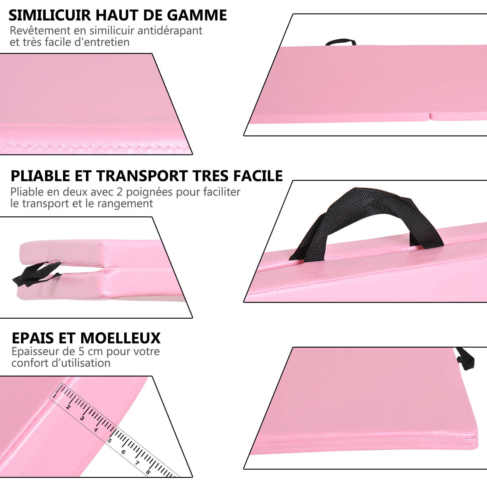 Tapis de gymnastique yoga pilates fitness pliable portable grand confort 180L x 60l x 5H cm revêtement synthétique rose