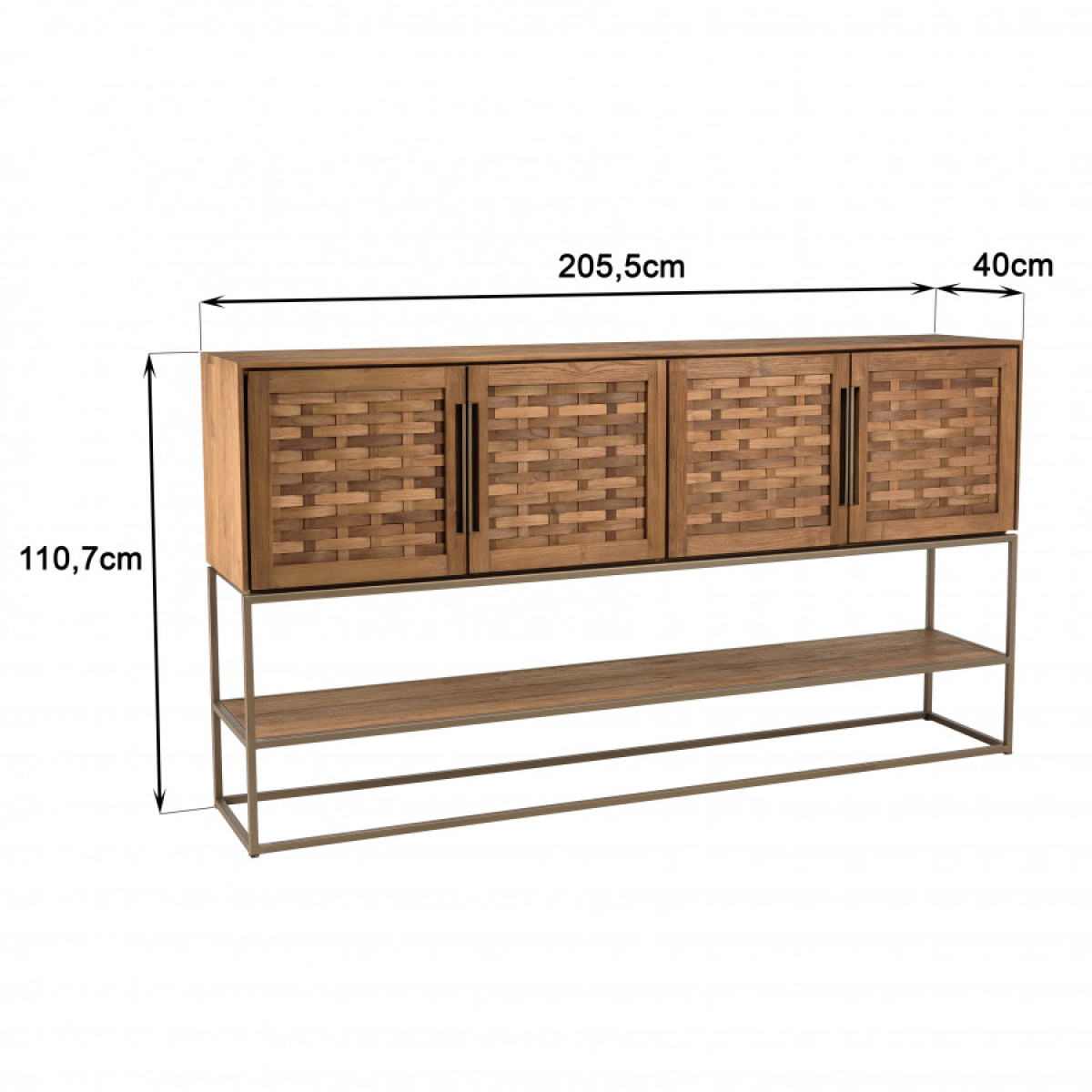 ALIDA - Buffet en bois de teck recyclé 4 portes en tissage de bambou