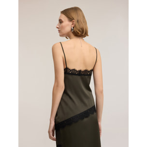 Motivi - Top asimétrico en raso con encaje - Verde militare
