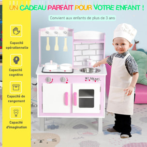 Cuisine bois jeu d'imitation - cuisine rose enfant - nombreux accessoires & rangements inclus - fonction sonore - MDF pin rose blanc