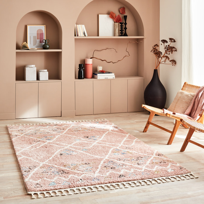 Delya - tapis shaggy salon berbère coloré en laine artificielle, rose