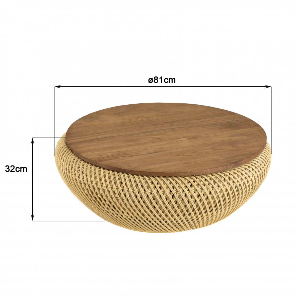 ALIDA - Table basse ronde 80x80cm en rotin beige plateau amovible