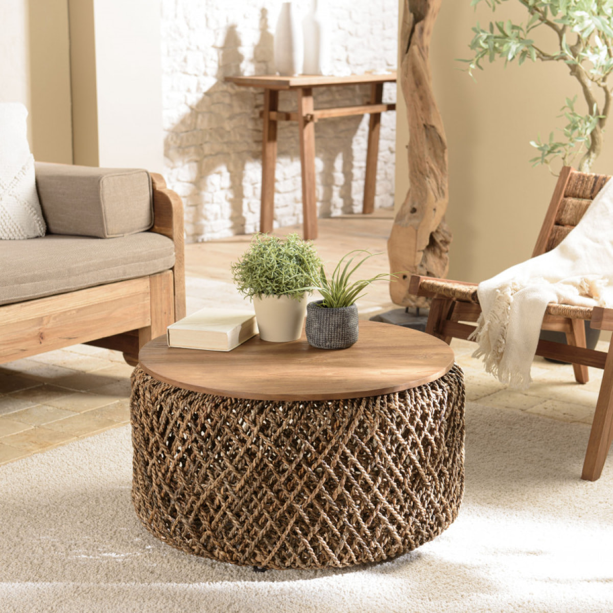 ALIDA - Table basse ronde 70x70cm en tissage de fibre de cocotier