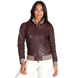 Bomber in pelle naturale bordeaux collo in lana merino