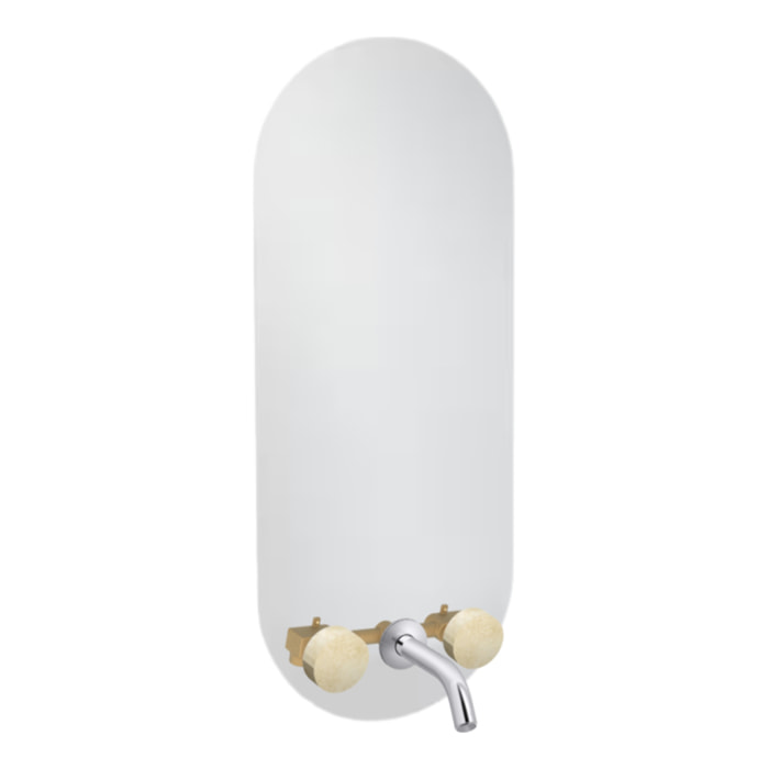 Miroir LED ovale 3 trous + mélangeur lavabo encastré 3 trous Grands Boulevards marbré travertin sable et chromé