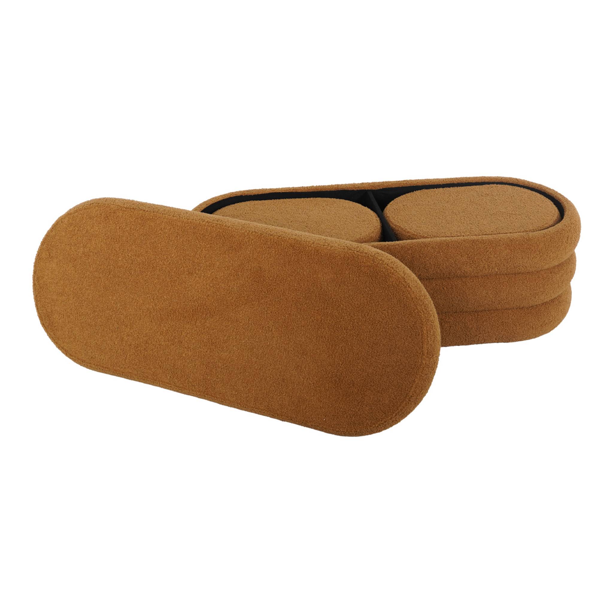 Banc coffre en bouclettes rouille avec 2 poufs ovales de rangement intégrés - L111cm