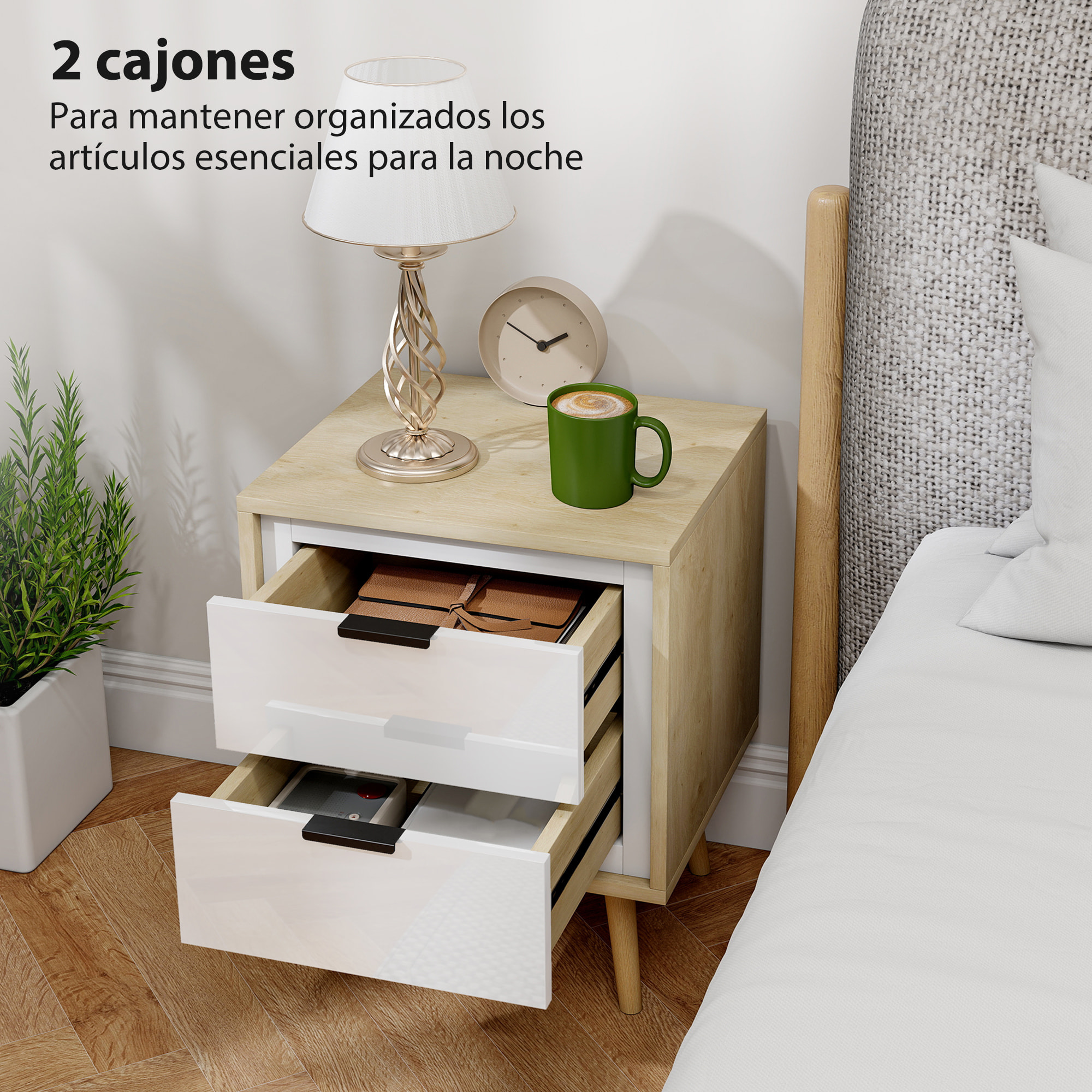 Juego de 2 Mesitas de Noche Modernas, Mesillas de Noche con 2 Cajones con Deslizamiento Silencioso, Patas de Madera, para Dormitorio, Salón, 40x35x50 cm, Blanco Brillo y Roble