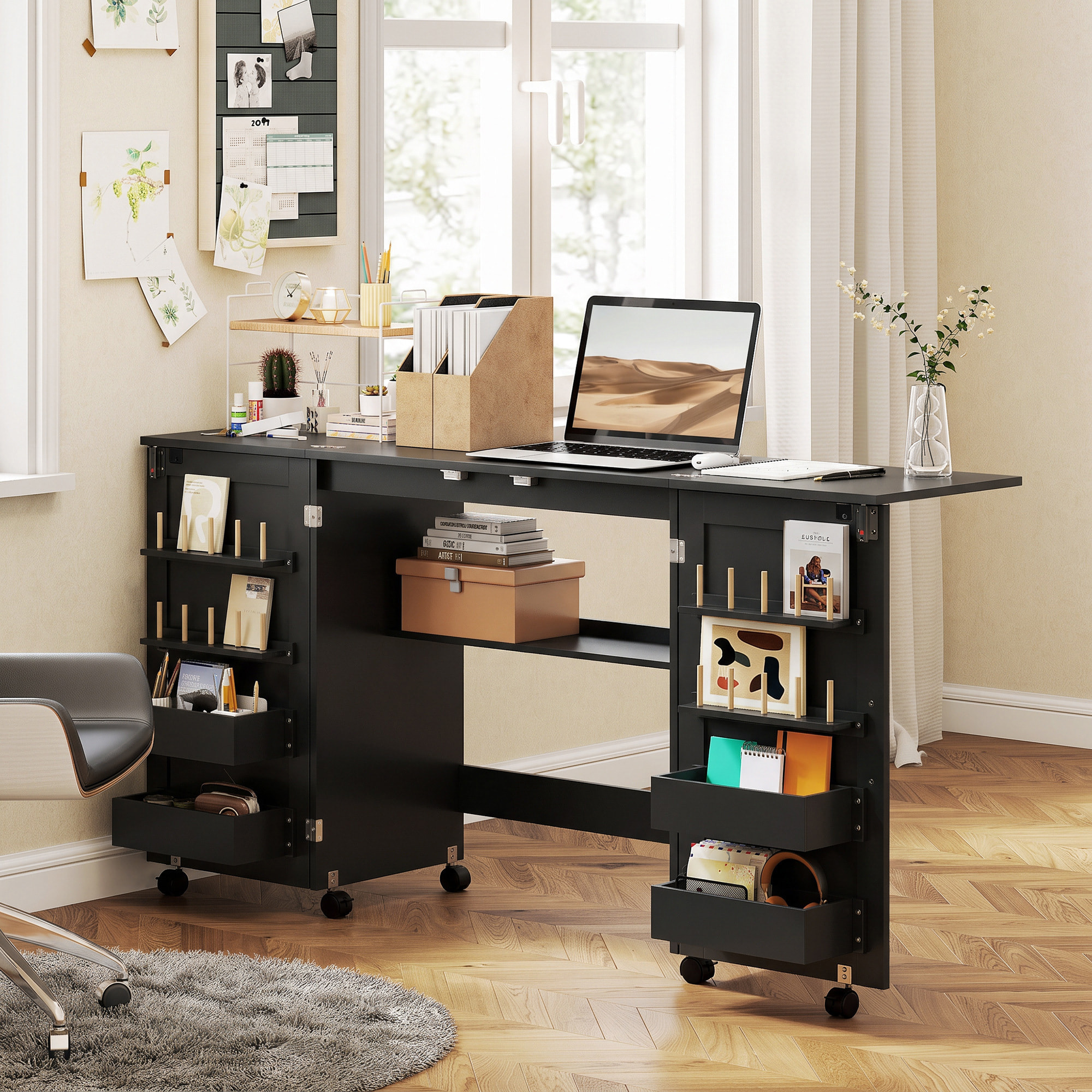 Table de couture pliable sur roulettes - 4 bacs, 20 porte-bobines, étagère - noir