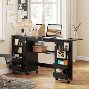 Table de couture pliable sur roulettes - 4 bacs, 20 porte-bobines, étagère - noir