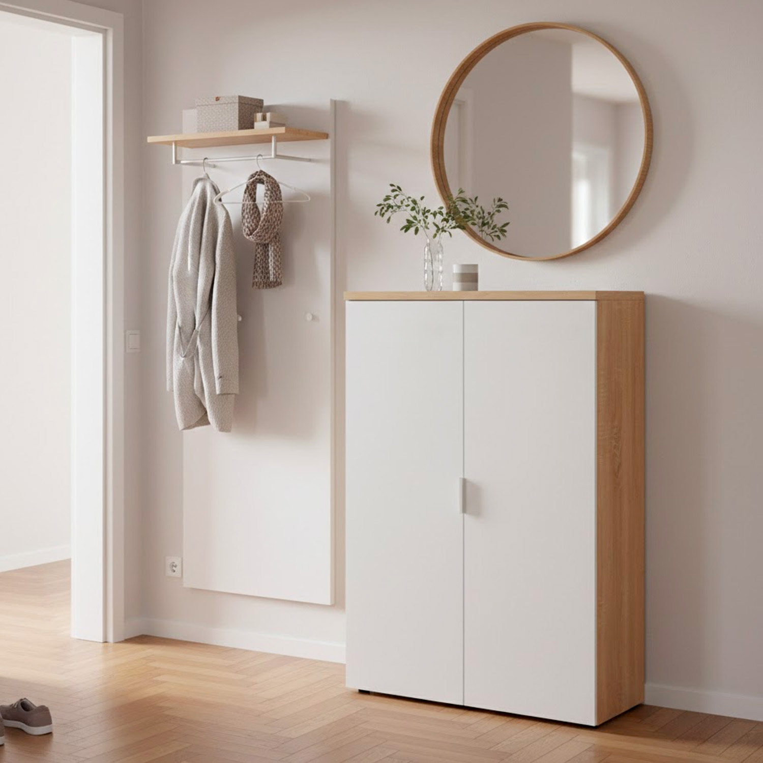 Armadio Armadietto Multiuso Con 2 Ante E Ripiani Regolabili Mobile Salvaspazio in Melaminico Mobile Casa 80 x 119 x 33 Cm Bianco Opaco E Rovere