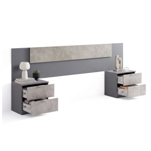 Cabecero para cama de 135-150 cm y 2 mesitas con cajones en gris grafito y gris cemento Akari Gris Grafito - Gris Cemento