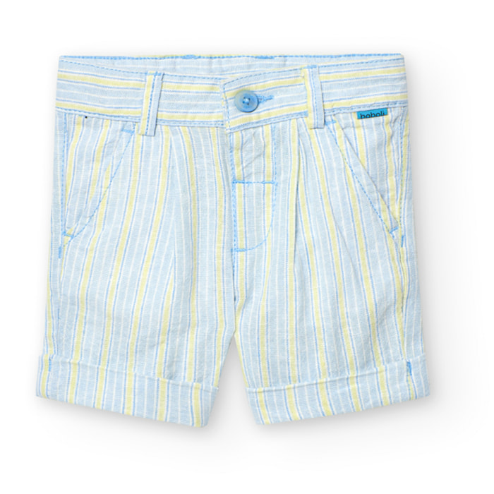 Bermudas de lino niÃ±o, estampado de rayas, azul claro