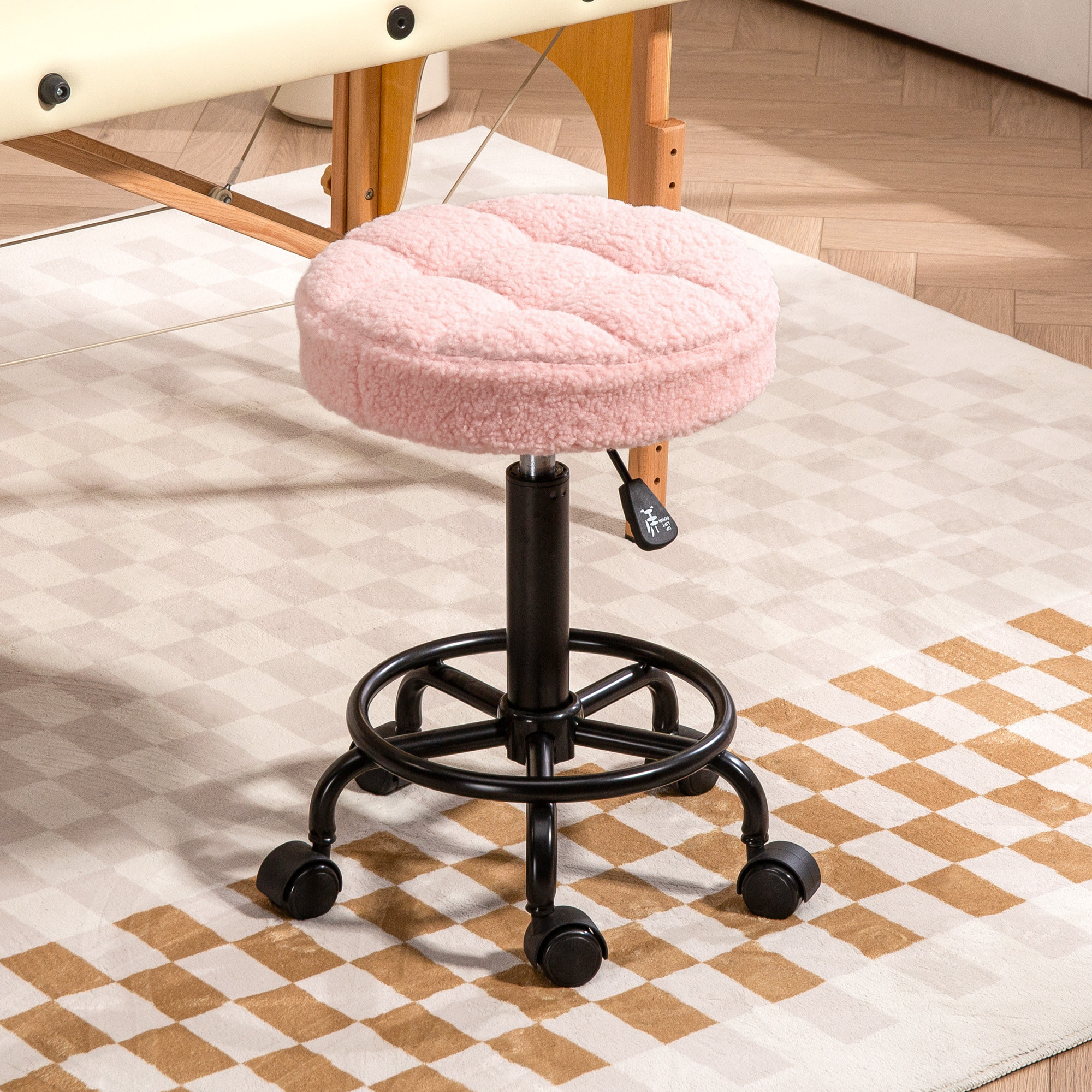 Taburete Giratorio Redondo Taburete con Ruedas Altura Regulable 50-66 cm Asiento Tapizado en Tejido de Borreguito para Salones Talleres Spa Masaje Rosa