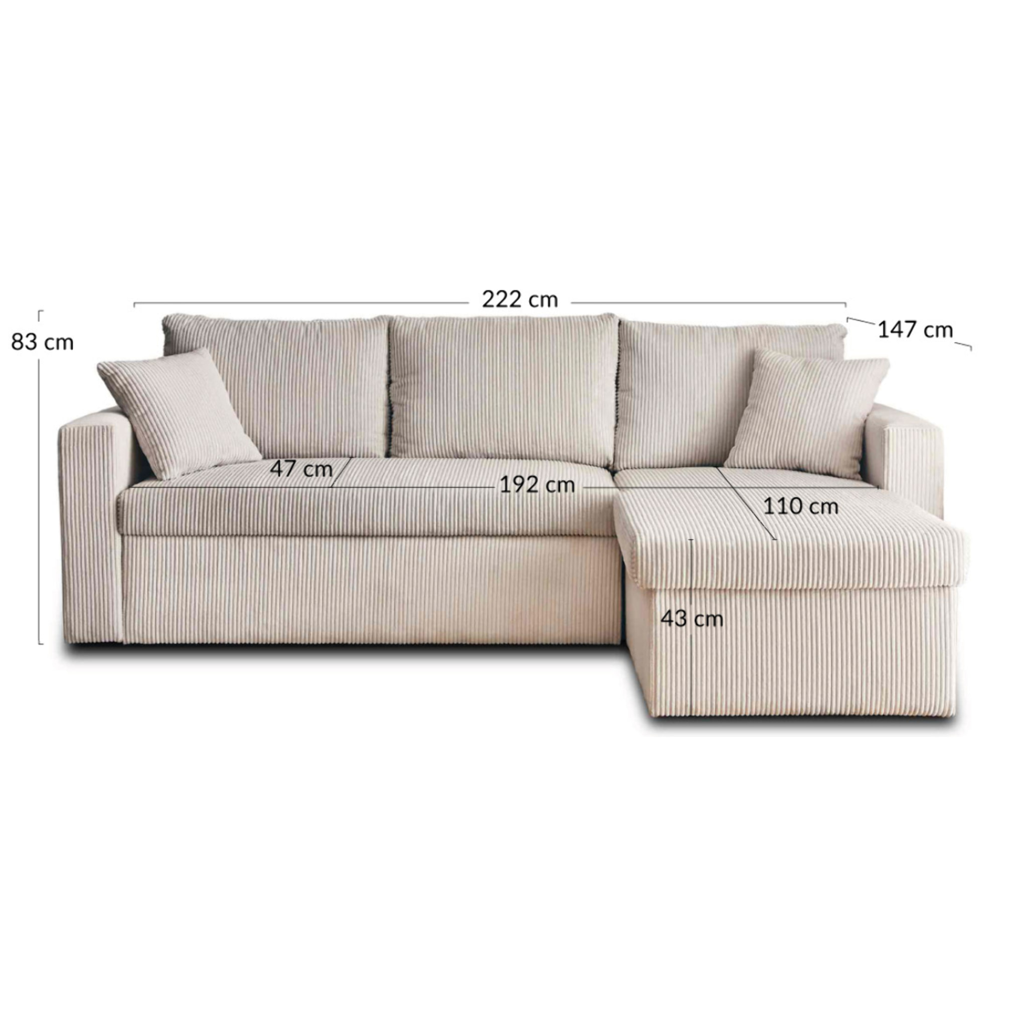 Cyrus - canapé d'angle réversible 4 places - convertible avec coffre - en velours côtelé - Beige