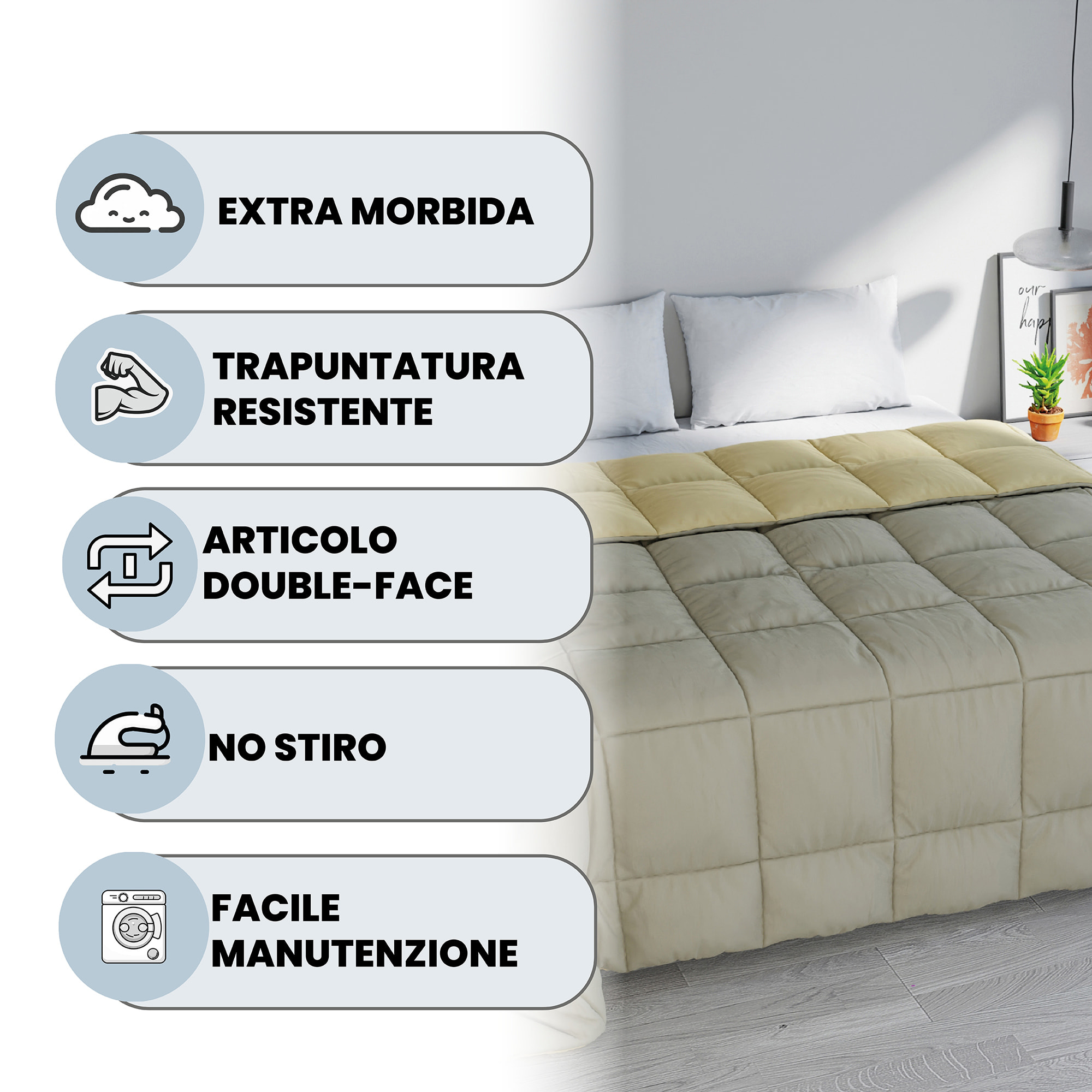 TRAPUNTA INVERNALE ELEGANT, 300gr, Microfibra, Doubleface, Made in Italy - TORTORA/PANNA