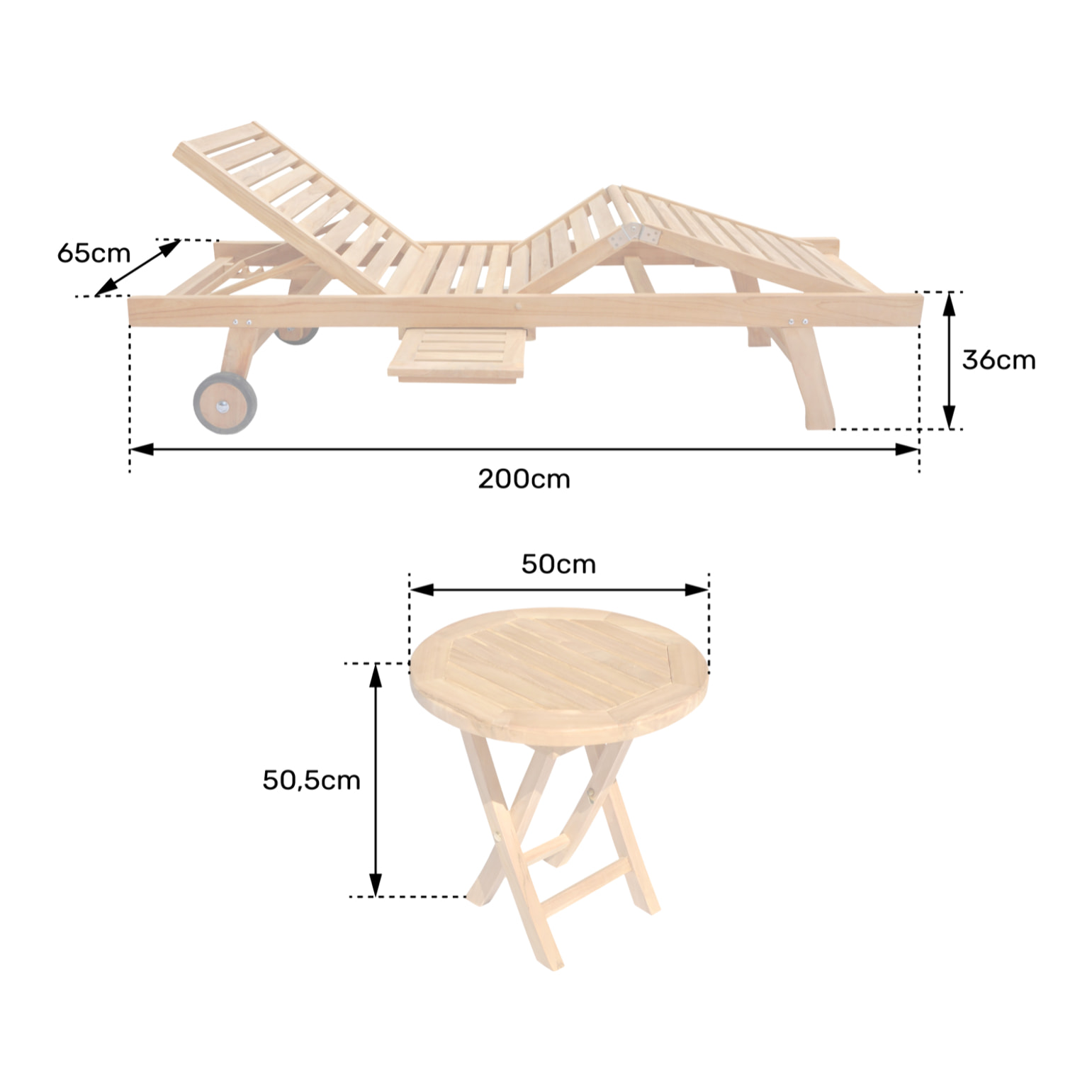 Ensemble bain de soleil pliant en teck avec table d'appoint LOMBOK