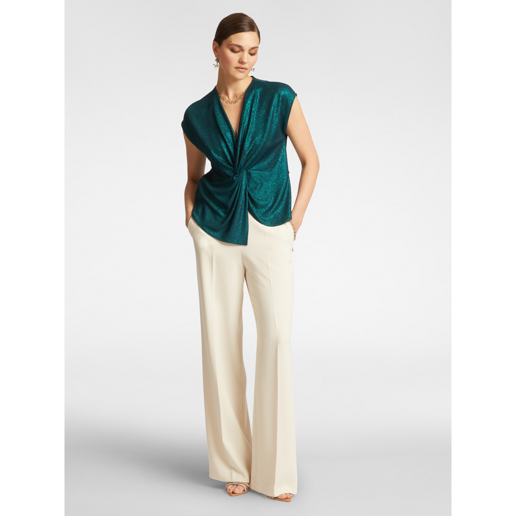 Elena Mirò - Camiseta de lurex con nudo delantero - Verde