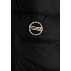 Piumino donna con cappuccio bordato e finitura lucida