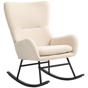 Fauteuil à bascule rocking chair style néo-rétro acier noir effet laine bouclée beige clair