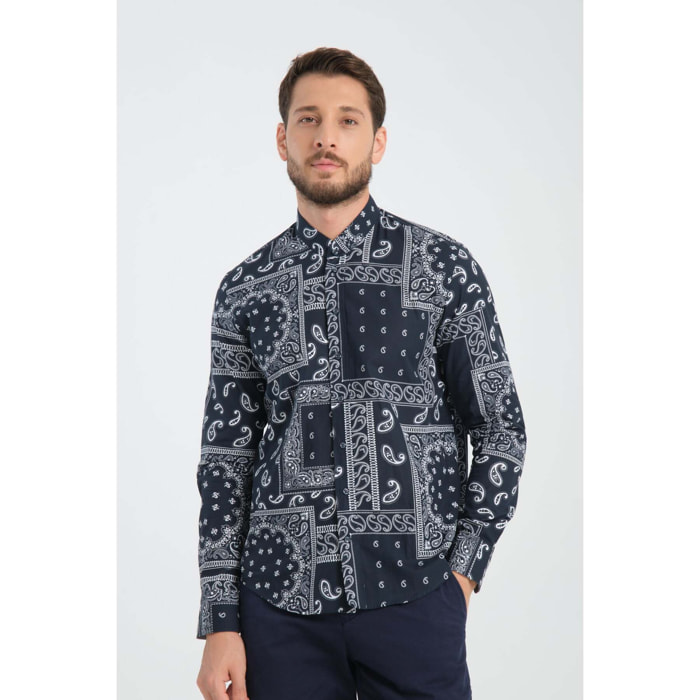 Camicia Uomo Coreano Popeline Fantasia Nero/Bianco