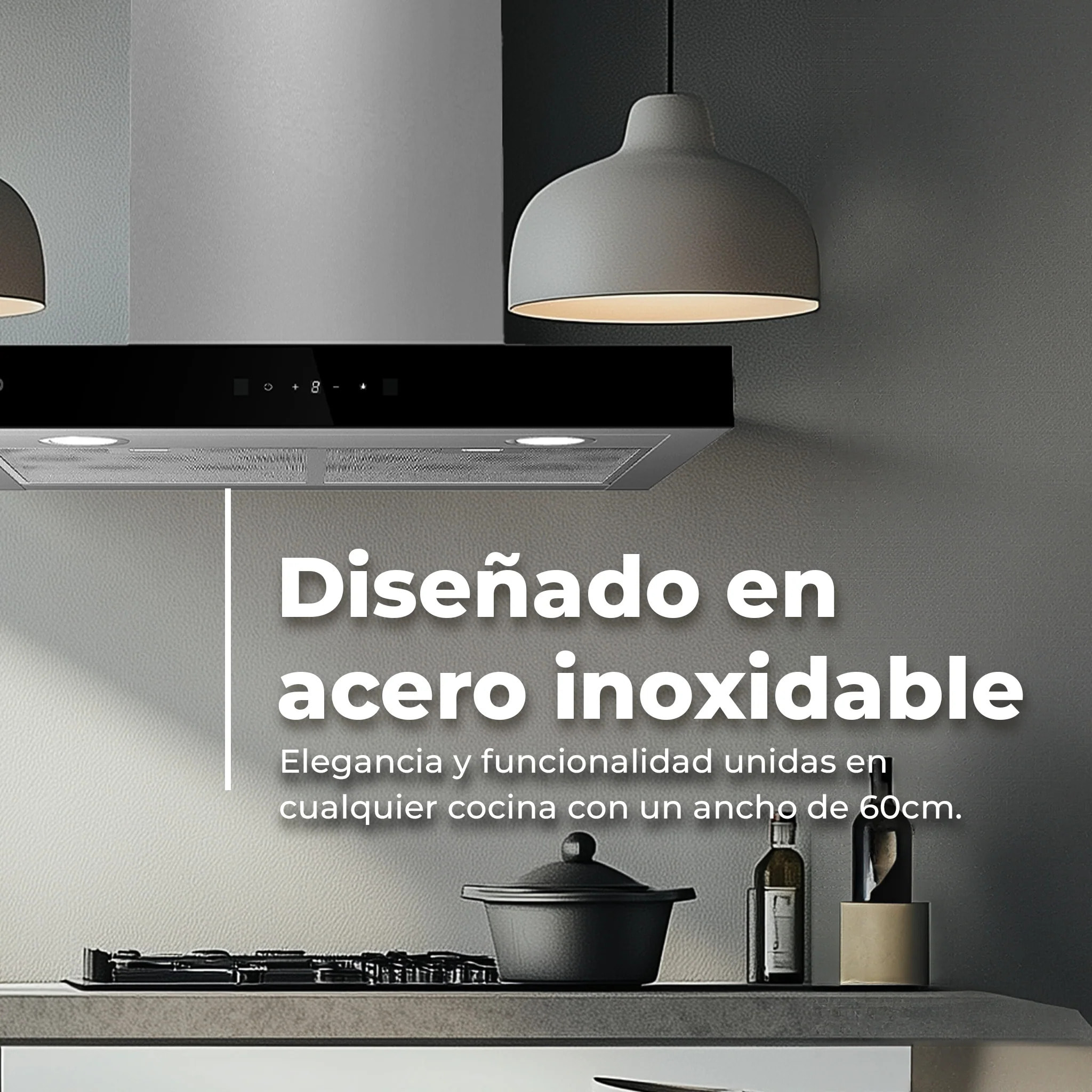 EVVO Campana extractora CE31 decorativa 60 cm, 650 m³/h, 3 velocidades, modo boost, táctil display, LED, temporizador, A.
