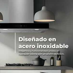 EVVO Campana extractora CE31 decorativa 60 cm, 650 m³/h, 3 velocidades, modo boost, táctil display, LED, temporizador, A.