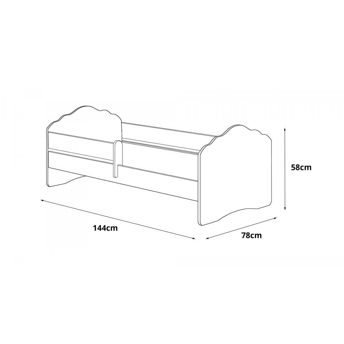 Letto singolo per bambini, Lettino per cameretta, Letto con protezione anticaduta e testiera a ''nuvola'', cm 144x78h58, colore Bianco