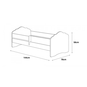 Letto singolo per bambini, Lettino per cameretta, Letto con protezione anticaduta e testiera a ''nuvola'', cm 144x78h58, colore Bianco