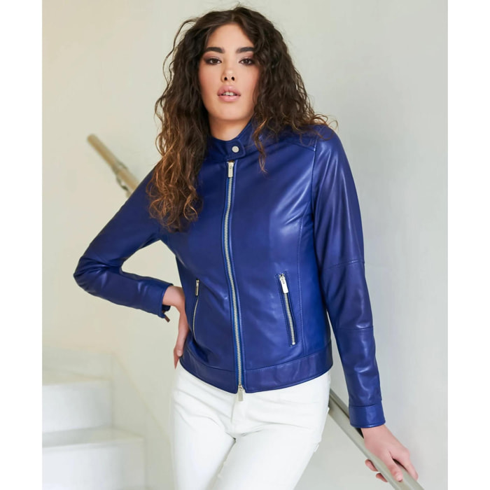 Giacca biker in pelle naturale bluette effetto liscio