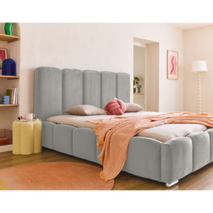 Torreon - lit coffre - 140x200 - sommier inclus - en velours - Gris clair