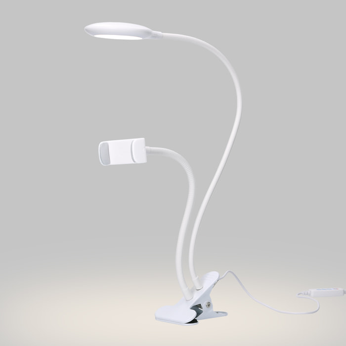 Forlight Servi Flexo portátil LED 4 W con Pinza para móvil. Regulador de tono e intensidad Brazo flexible. Blanco