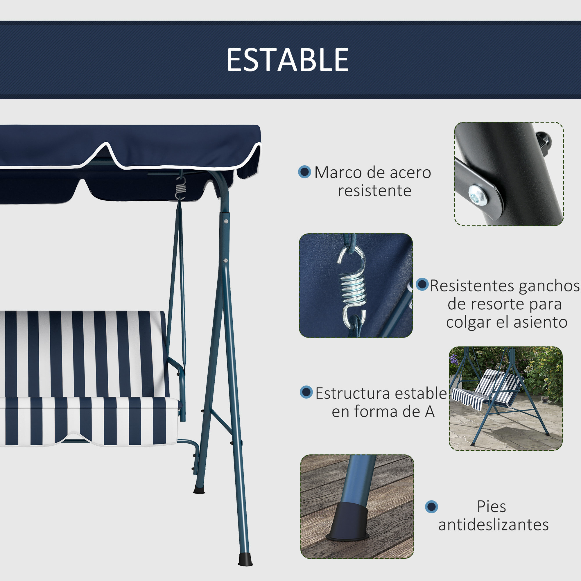 Columpio Balancín de Jardín Exterior de 3 Plazas con Cojín Techo Ajustable y Marco de Acero para Balcón Terraza Patio Carga Máx. 240 kg 172x110x153 cm Raya Azul