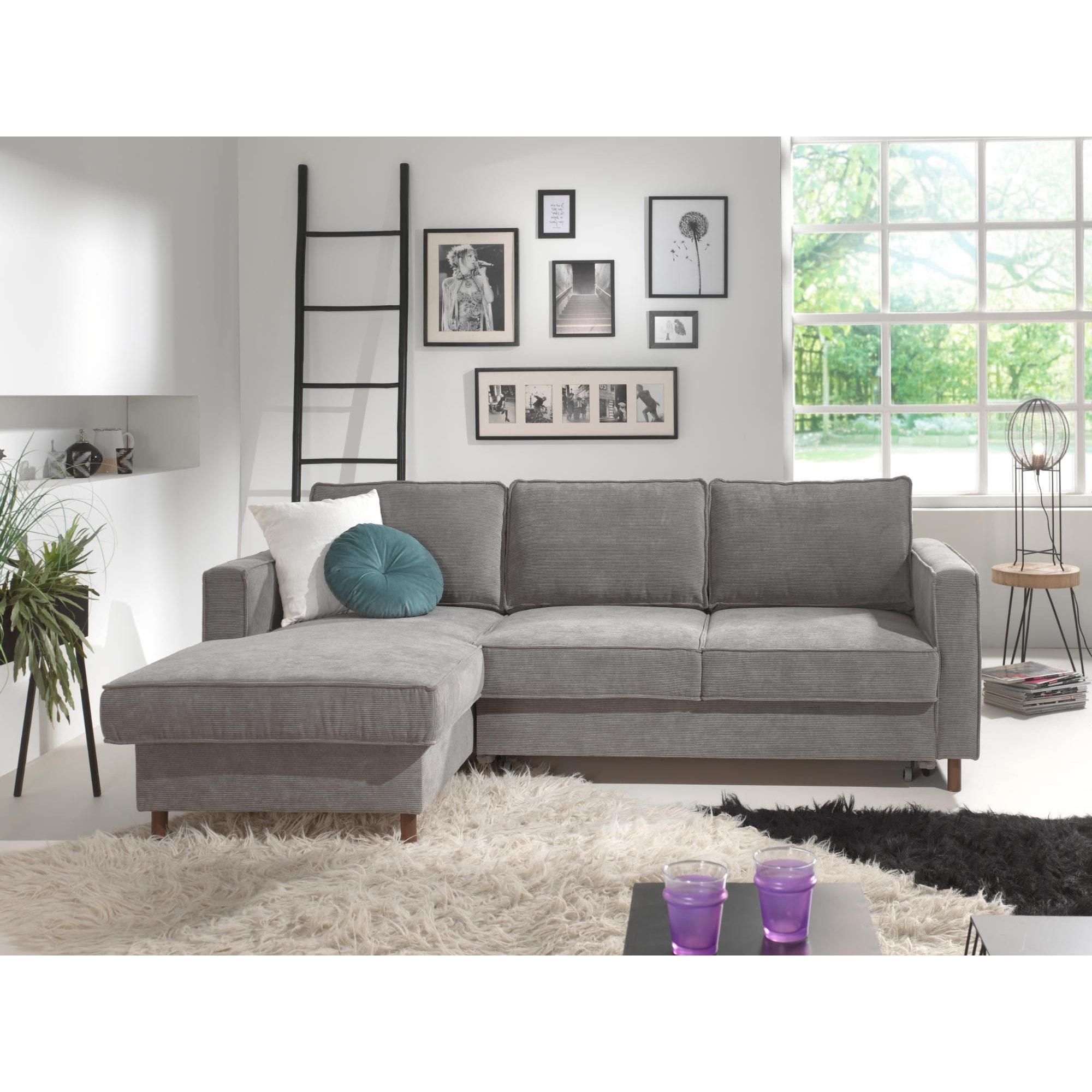 Jake - canapé d'angle gauche - convertible avec coffre - 4 places - en velours côtelé - Gris clair