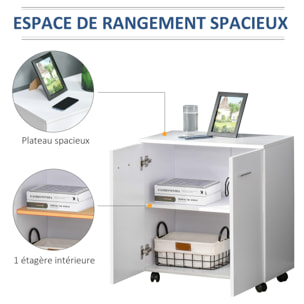 Support d'imprimante organiseur bureau caisson 2 portes avec étagère grand plateau panneaux particules blanc