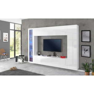 Parete attrezzata da soggiorno, Made in Italy, Base porta TV e pensili e scaffali, Set salotto moderno, cm 260x30h180, colore Bianco lucido, con luce LED blu ed una vetrina