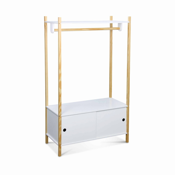 Penderie pour enfants - TOBIAS - deux portes coulissantes et portant bois massif en pin naturel blanc.  80X40X136.5CM